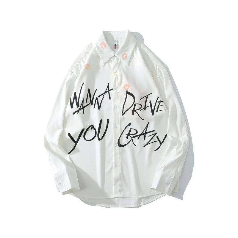 

2021 Spring New Original Fashion Brand Men's Coat Guochao Net Red Same Lipprint White Couple's Loose Long Sleeve Shirt Hip Hop