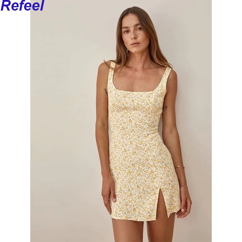 

Elegant Women Summer Dress Cute Yellow Floral Print Speghetti Sleeveless Holiday Chiffon Split Mini Dress Femme Vestidos