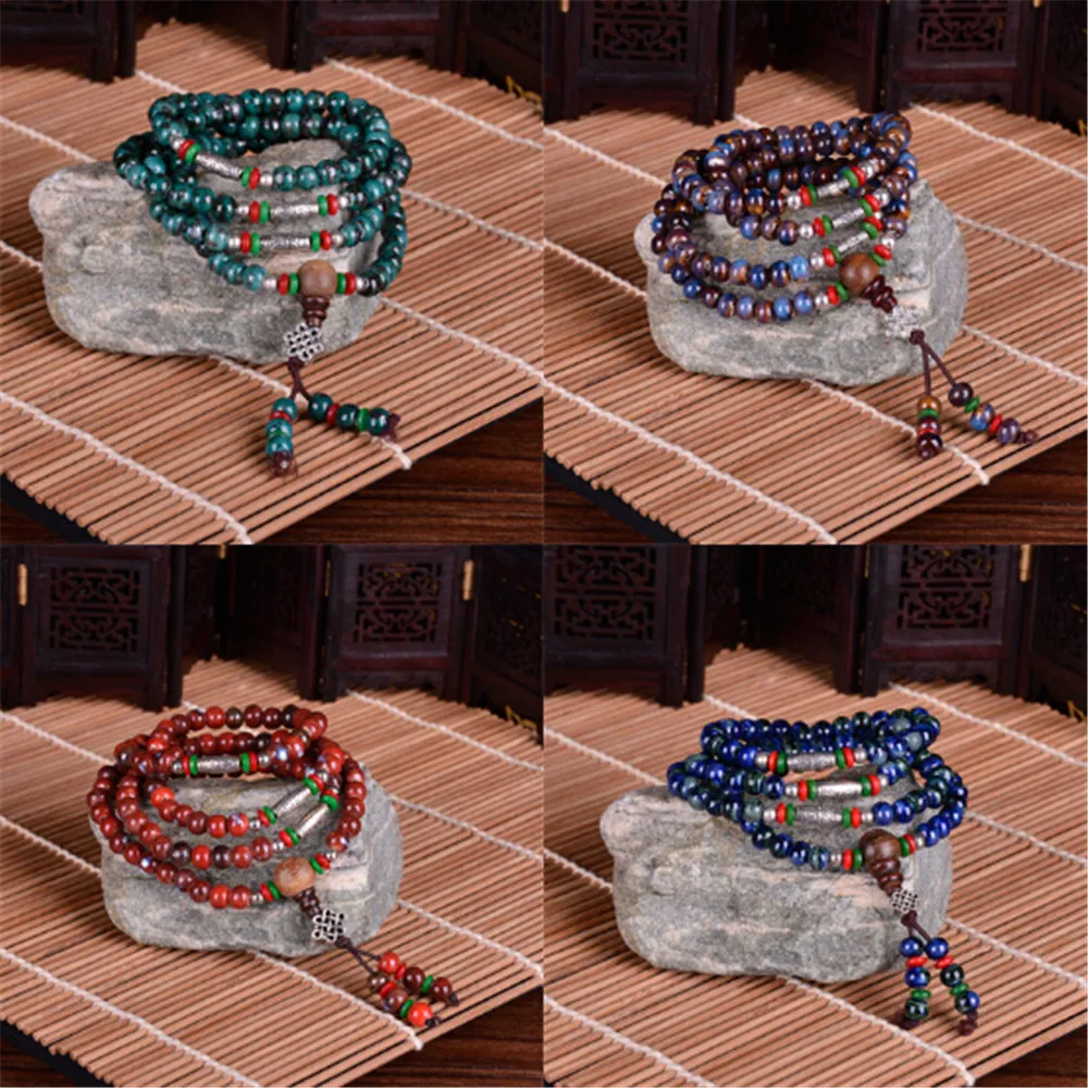 

New Design Chinese Multi-layer Lucky Bracelets 108 Ceramic Beads Four Circles Beaded Bracelets Jewelry Buddha Beads Mala Gift