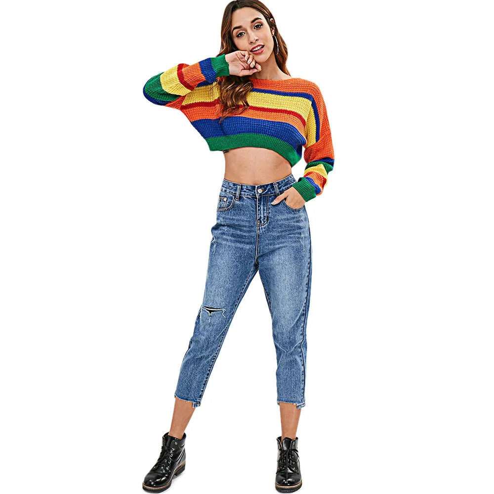 ZAFUL Multi Drop Shoulder Color Block Crop Sweater Round Collar Blocking Pullovers Short Jumper Loose Women'S Sweaters | Женская