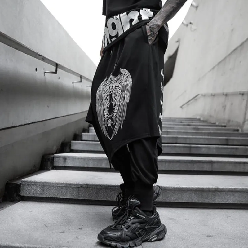 

Men fake two piece street punk hip hop harem pants korean fashion joggers man gothic vintage punk pants drop crotch pantskirt