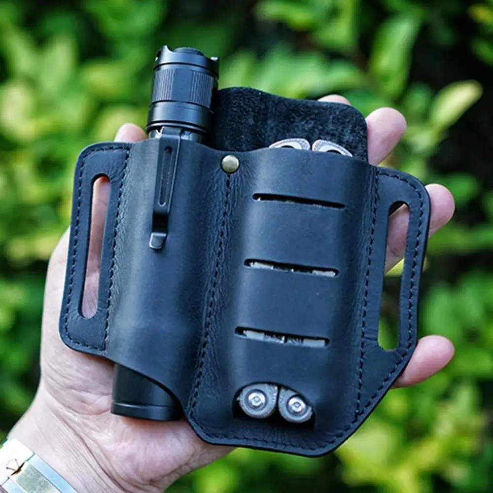 Leather Tool Knife Sheath 2 Pockets Multitools Holder Essentials Organizer Belt Pouch for Pocket Hunt Tactical Pen Flashlight |
