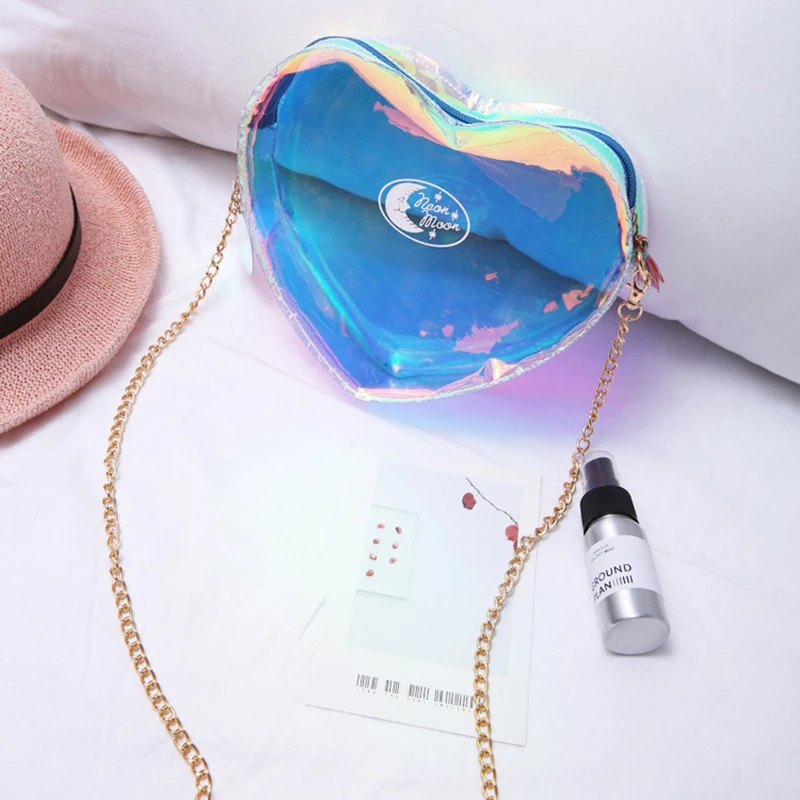 

2020 New Laser Heart Shape Transparent Shoulder Bag Women's Cell-phone Messenger Bag Lovely Young Women Chain Crossbody Bags