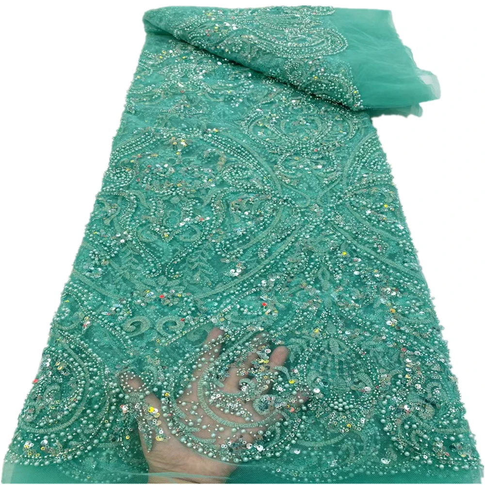

African Lace Fabric 2021 High Quality Embroidery Sequin/beads French Nigerian Lace Fabric 5 Yards for Wedding Party Dress RF-500