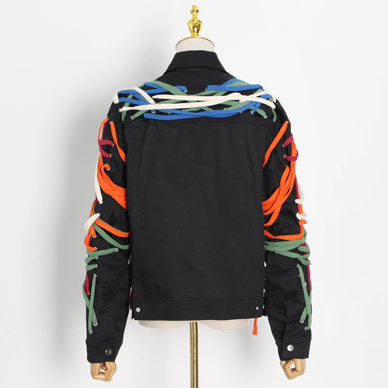 

VGH Patchwork Cross Bandage Coat For Women Lapel Long Sleeve Loose Design Streetwear Coats Female Fashion Clothing 2020 New Tide