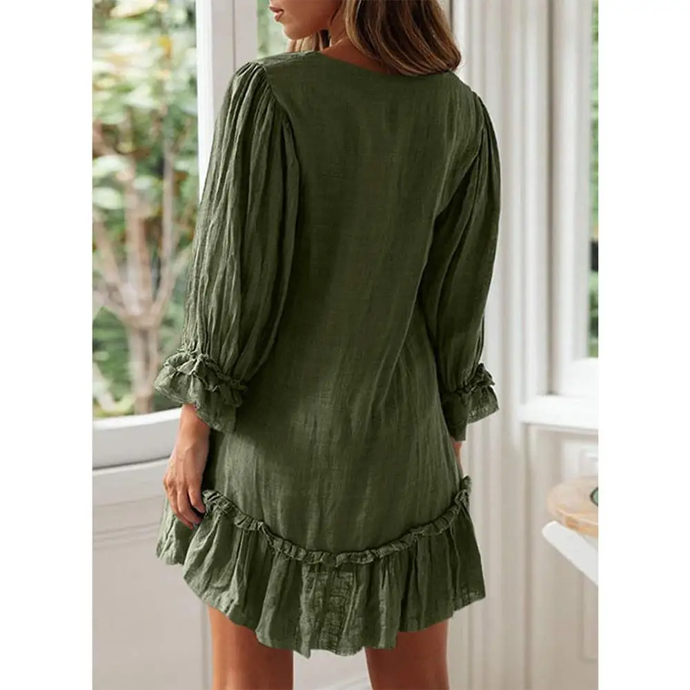 

2020 new women's clothing A-line skirt Loose dress long-sleeved dress Cotton and linen dress Ruffle hem