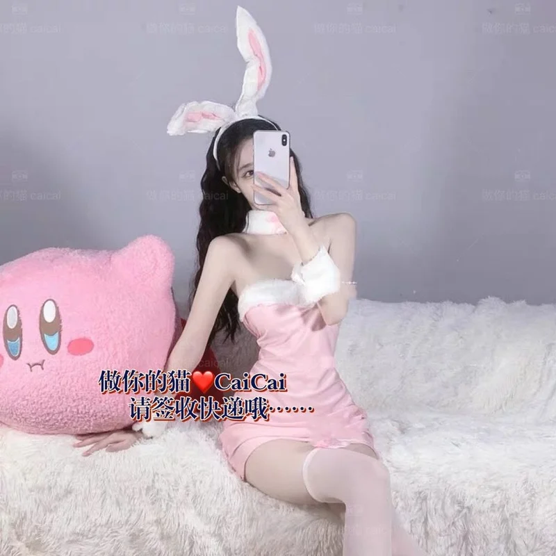 Süper sevimli seksi klasik tavşan kız Cosplay kıyafet pembe japon animesi tavşan üniforma Porno parti kadın seks iç çamaşırı AV setleri