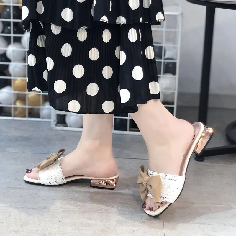 

Slippers Women Summer Shoes Pantofle Low Slides Fashion Butterfly-Knot Med 2021 Luxury Soft Butterfly-knot Rome Sweet Hoof Heels