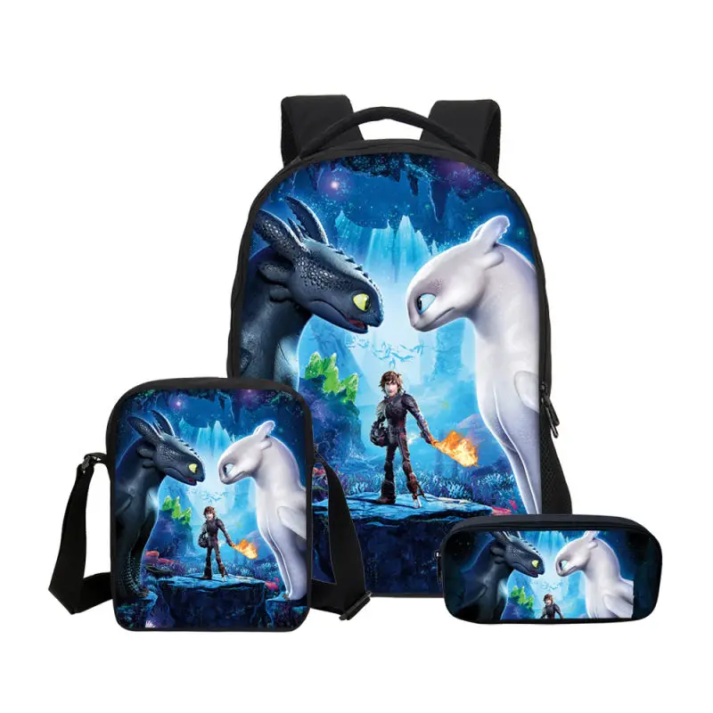 

New Hot Fashion 3Pcs/Set School Bookbag with Shoulder Bags Pencil Pouch Design How To Train Your Dragon Prints Boys Backpacks