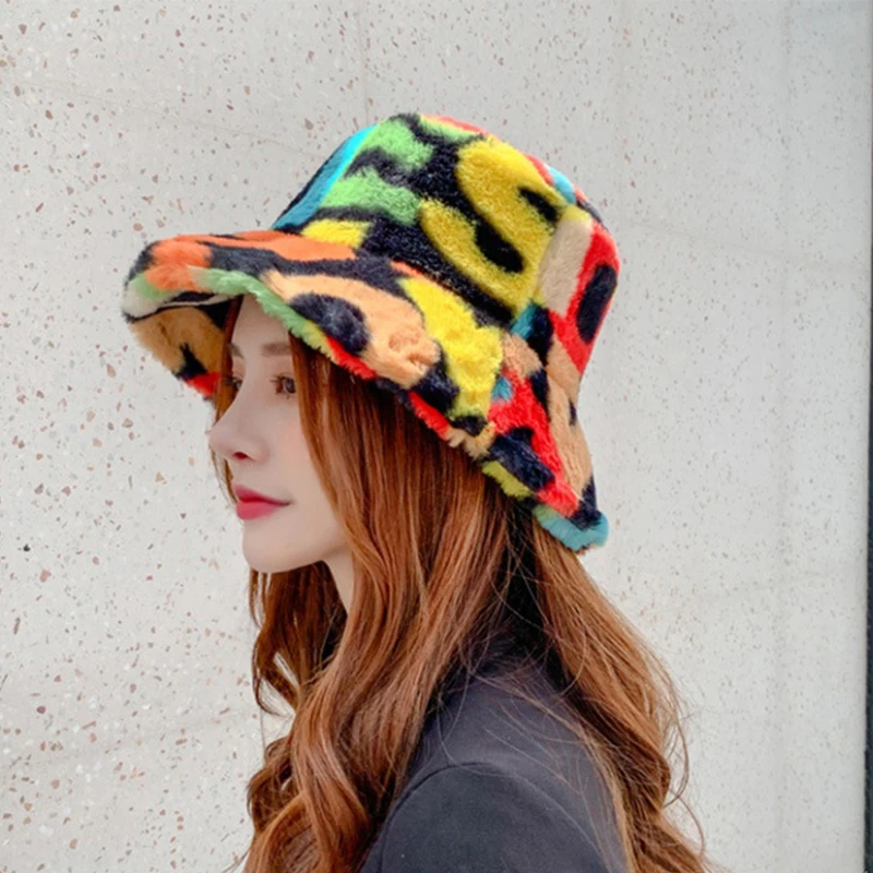 

Women's Bucket Hat Colorful Print Plush Fisherman Hats Outdoor Trendy Basin Caps Winter Keep Warm Soft Men's Flat Top Hat Unisex