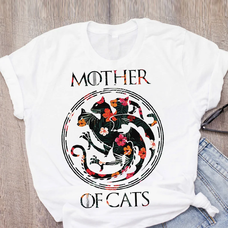 

100% Cotton Women Cat Mother Flower Floral Pet Short Sleeve Fashion Print Summer Lady Womens Clothing Tops T-Shirt Tees Female T