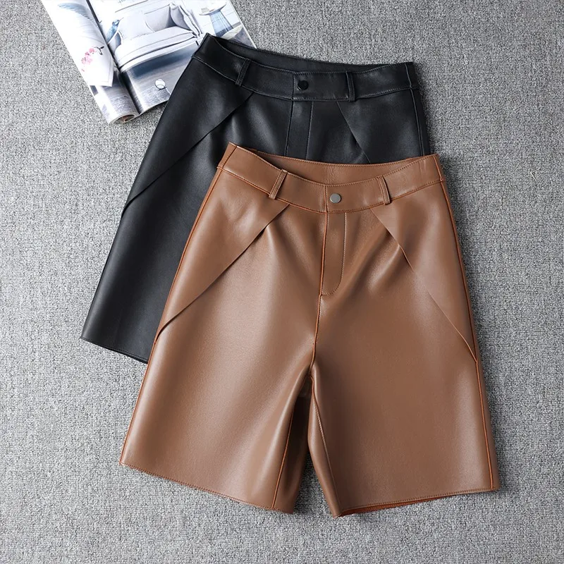 New Women Genuine Leather Shorts Bud Pleated Falbala  With Belt Femme High Waist Hhaki/Black Casual Mujer Sexy Booty Shorts