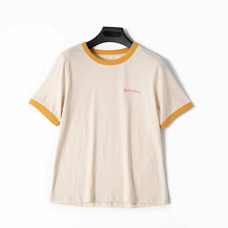 

Demain Embroidery Print T-Shirt Women Summer 2021 Vintage Casual T-Shirts Girl Round Neck Short Sleeve Cotton Tees Tops