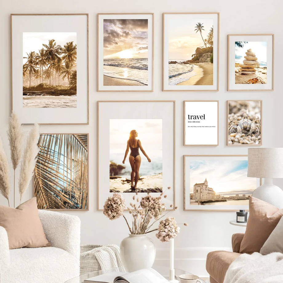 

Wall Art Canvas Painting Sunny Beach Sea Wave Palm Leaf Stone Girl Nordic Posters And Prints Wall Pictures For Living Room Decor