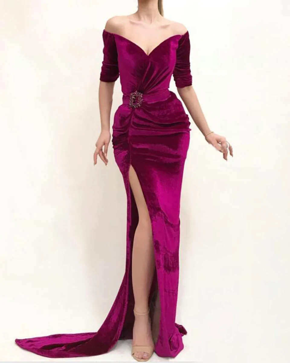 

V-Neck Formal Dresses Floor-Length Prom Party Gown With Half Sleeve Evening Dress Crystal Mermaid Trumpet Thigh-High Slits