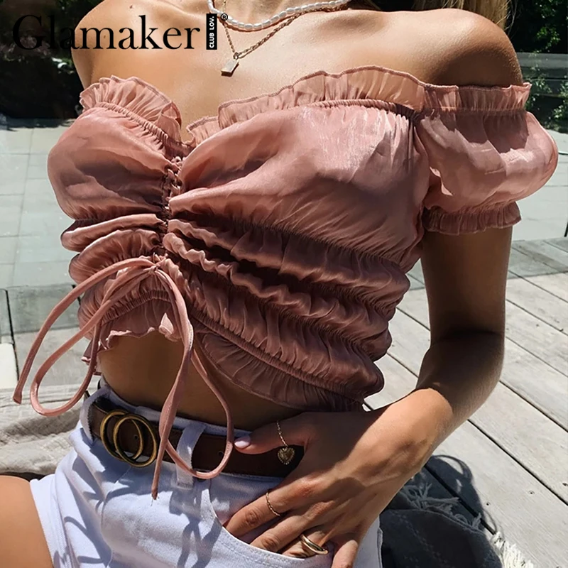 Женский плиссированный кроп-топ с открытыми плечами и оборками | Женская одежда