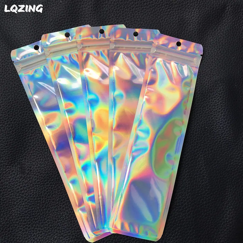 

500pc Holographic Zip Lipgloss Bags Laser Foil Pouches/One-side Transparent Retail Makeup Brush Package Bags with Hang Hole