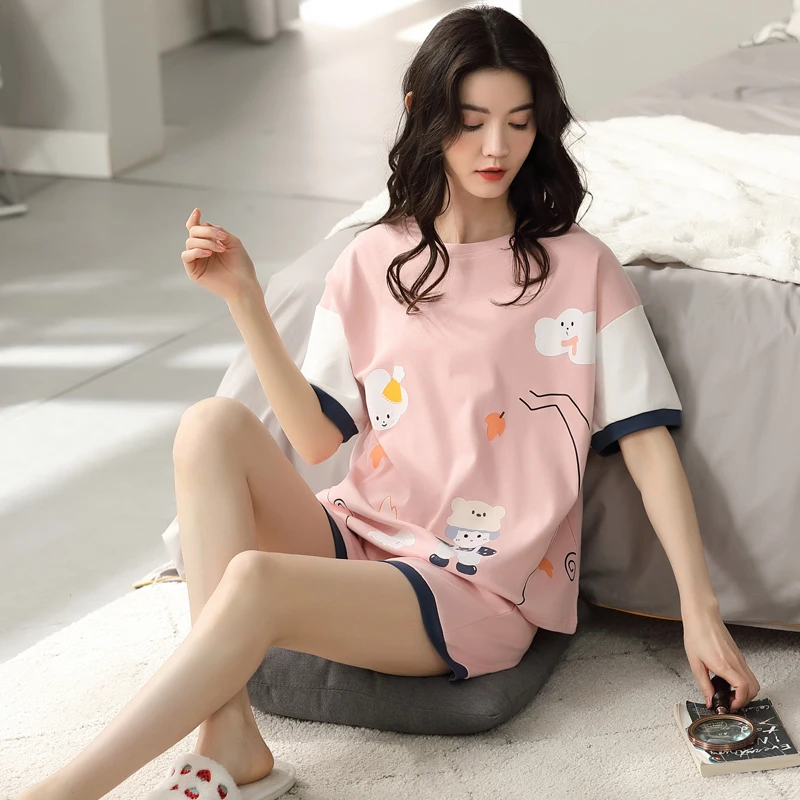 

Пижамный комплект Женский, милая летняя хлопковая Футболка с круглым вырезом и коротким рукавом, в Корейском стиле, розовая, домашняя одежд...