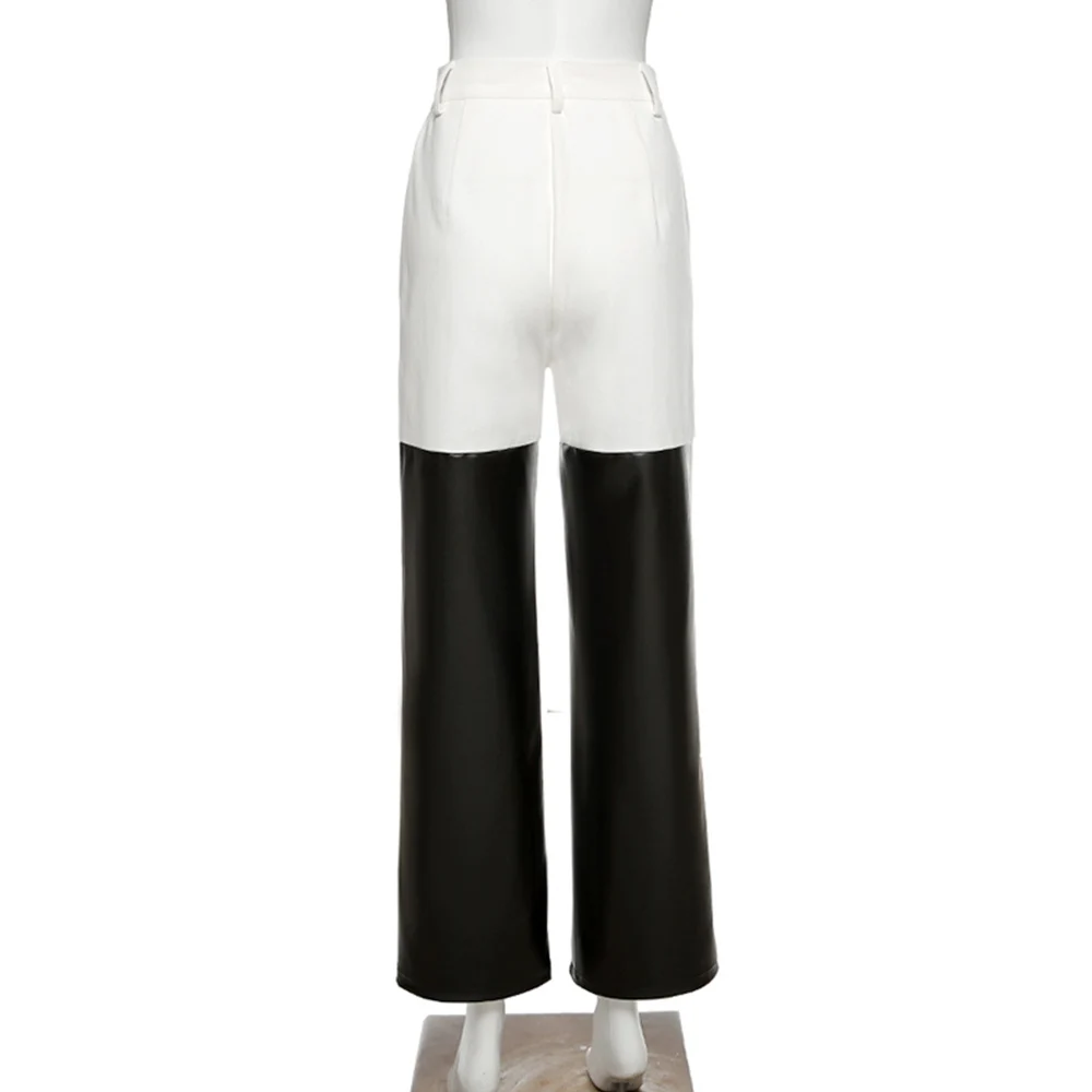 

Missme PU Leather Pants Patchwork Pants Black And White Baggy Pants Women High Waisted Fashion Wide Leg Pants Zipper 2021