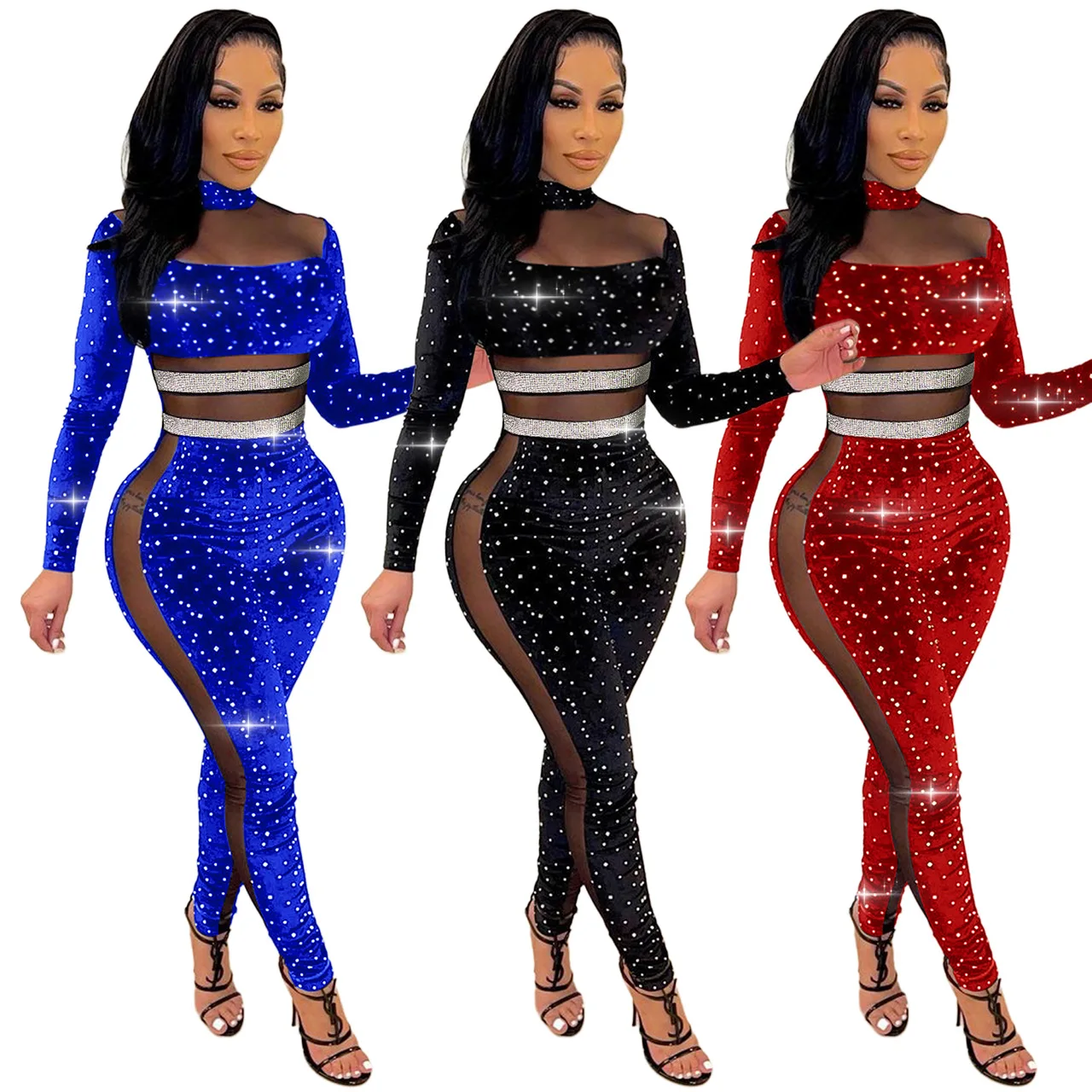 

Casaul Women Jumpsuit Sheer Mesh Diamond See Through Party Night Clubwear Dresses For Women Overalls