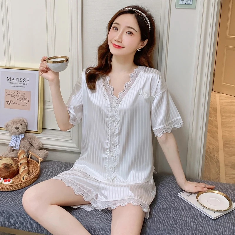 

2019 Summer Silk Satin Short Sleeve Pajamas Sets for Women Sexy Lace Shorts Sleepwear Suit Pyjamas Homewear Pijama Mujer Clothes