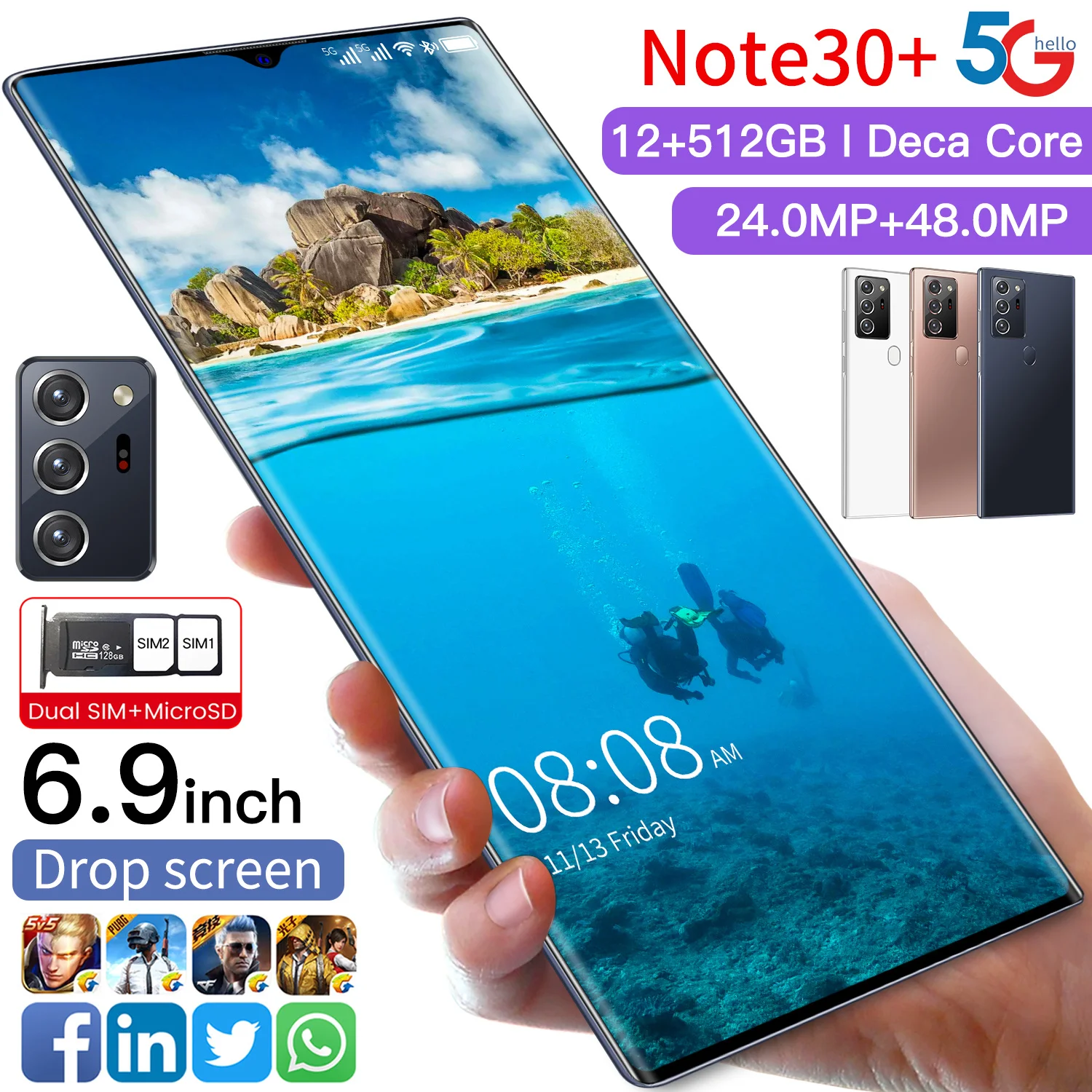 

New Dual SIM Full Screen 6.9 Inch Note30+ Mobilephone Deca Core 6000mAh 4G 5G Cellphone 12+512GB Fingerprint Unlock Smartphone