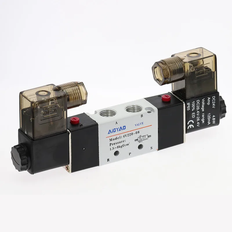 Пневматический электромагнитный клапан, двойная катушка, 4В, 220-08, 5 каналов, 2 положения, 1/4 дюйма, 1/8 дюйма, 12 В, 24 В, переменный ток, 110 В, переменный ток, 220 В, с фитингами, глушитель