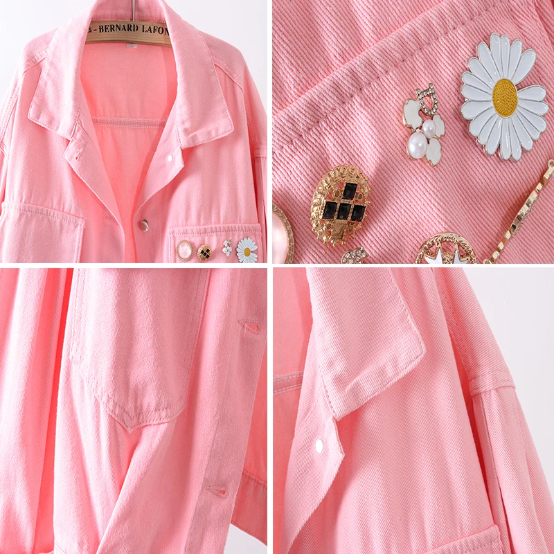 Женская джинсовая куртка Vefadisa однобортная с отворотом и цветком розовая