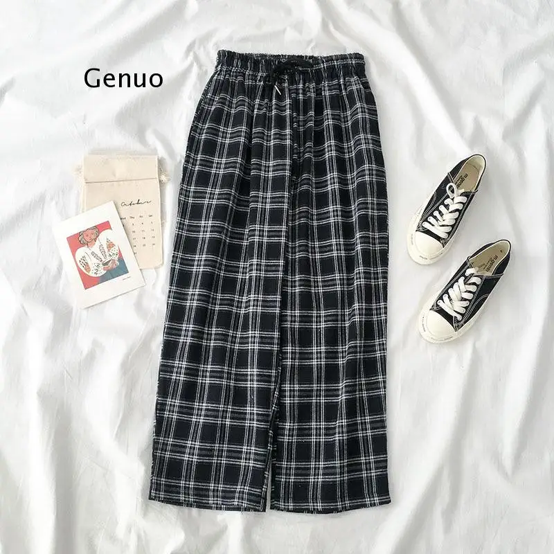 

Casual Pants Women Elastic Waist Plaid Wide Leg Trousers Womens Students Simple Chic Trendy Office Lady All-match Harajuku New