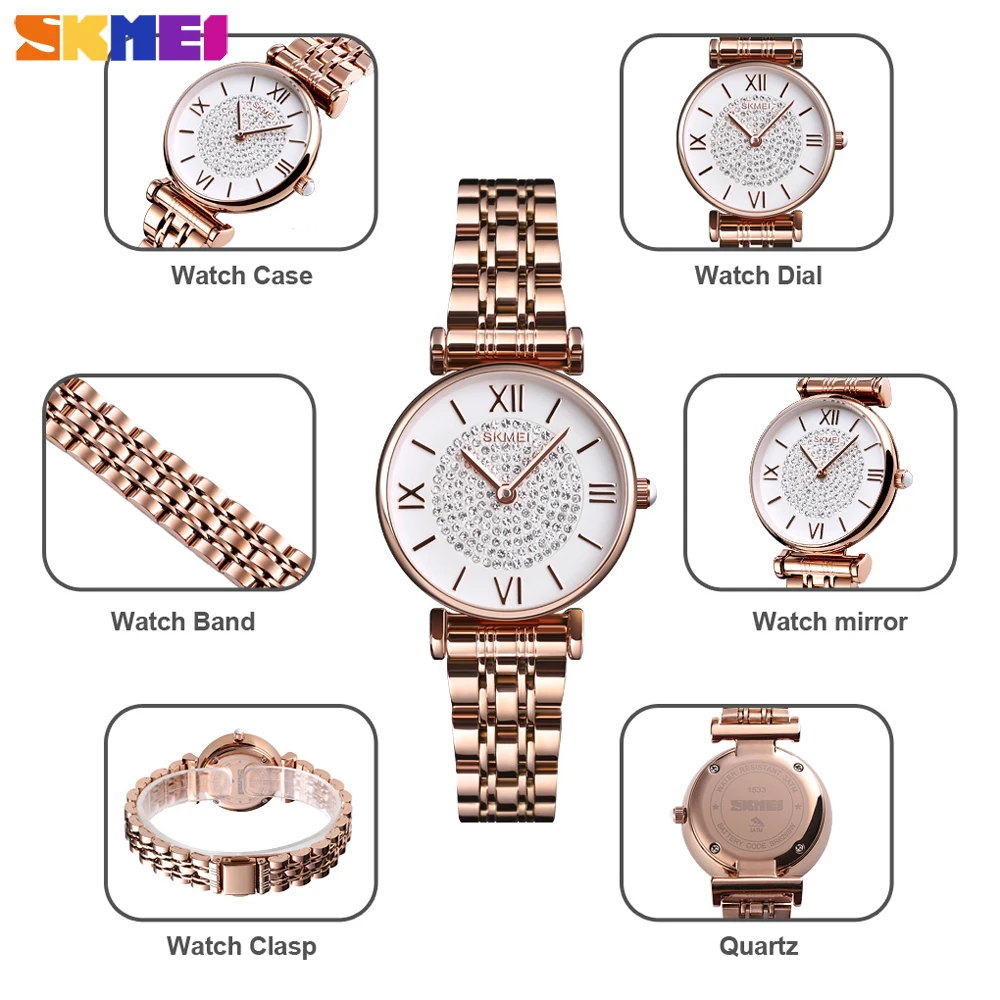 

SKMEI Luxury Quartz Women Watch Waterproof Stainless Steel Strap Ladies Clock Casual Bracelet Female Wristwatch Relogio Feminino