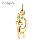 Золотая подвескаКошка с зелеными фианитами SOKOLOV, Золото, 585, Оригинальная продукция