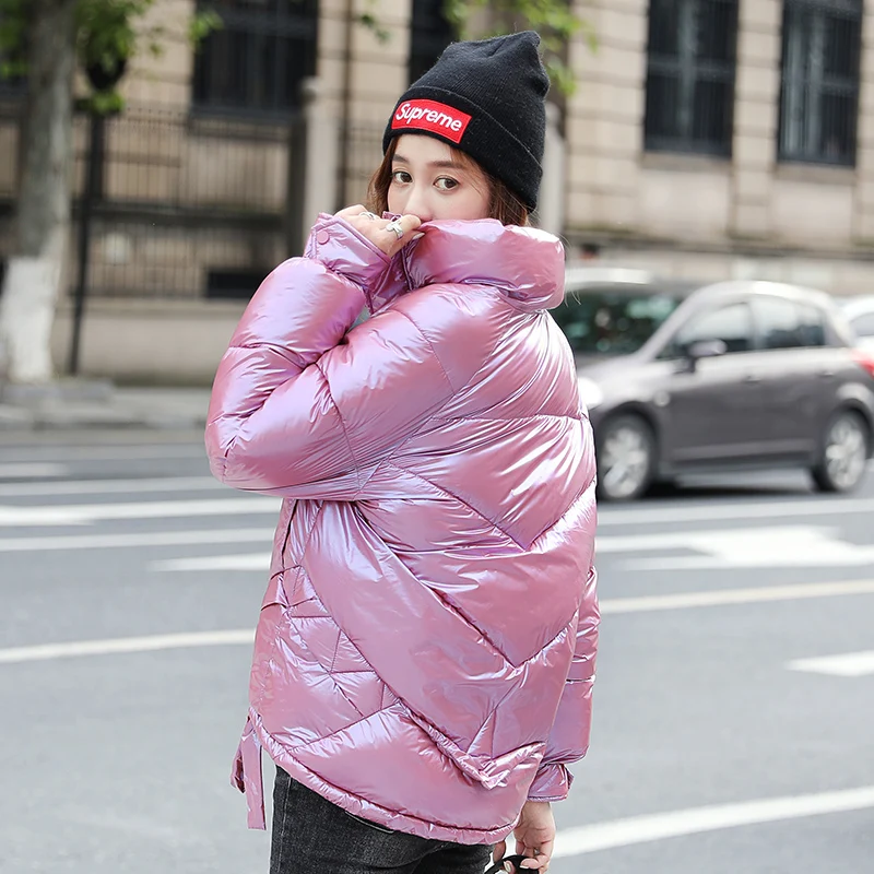 

2020 Winter Puffer Jacket Women Short Parkas Stand collar Glossy Thick Warm Winter Coat Plus Size Women Parka Loose Bubble Coat