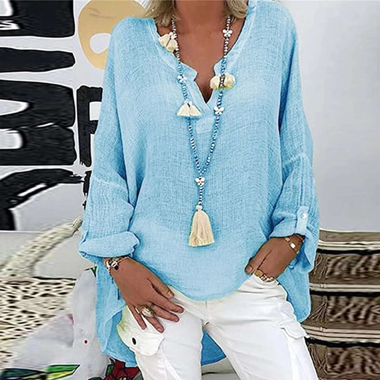 

Shirt Femme Plus Size Women Casual Long Sleeve Solid Color Loose V-neck Shirt Woman Blouses Summer Top Dia De La Madre 2021