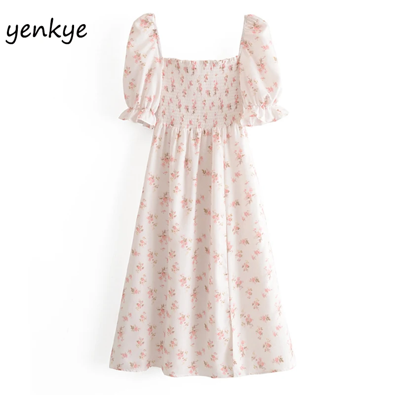 Женское шифоновое платье миди с цветочным принтом квадратным вырезом и рукавами