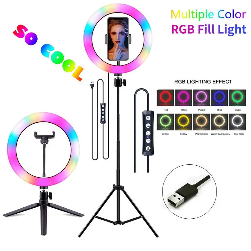 Anel de Luz Cores com Mini Suporte de Celular Lâmpada para Fotografia e Maquiagem do Tik Rgb de 10 Tripé de 63 Polegadas Youtube 13 Tok 8 10