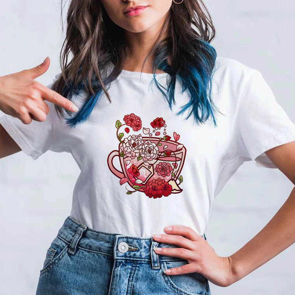

Scorpio Teacup Rose Flower Graphic Women's T-shirt White Round Neck T Shirts Star Camiseta Style Tumblr Female Animated Top Tee