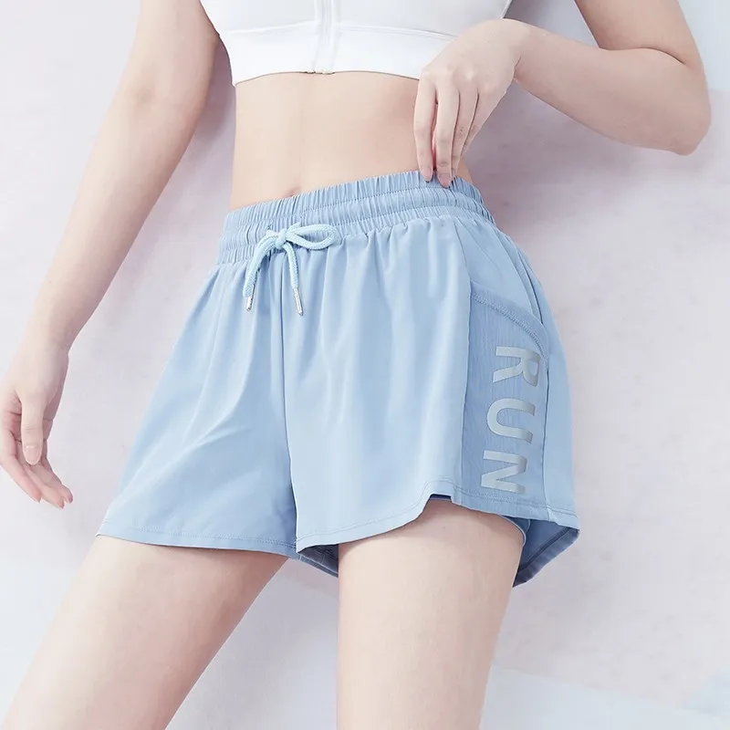 Summer Breathable Women Mesh Yoga Shorts Running Shorts Pocket Quick Dry Gym Clothing Loose 2 in 1 Fake Two Fitness Shorts