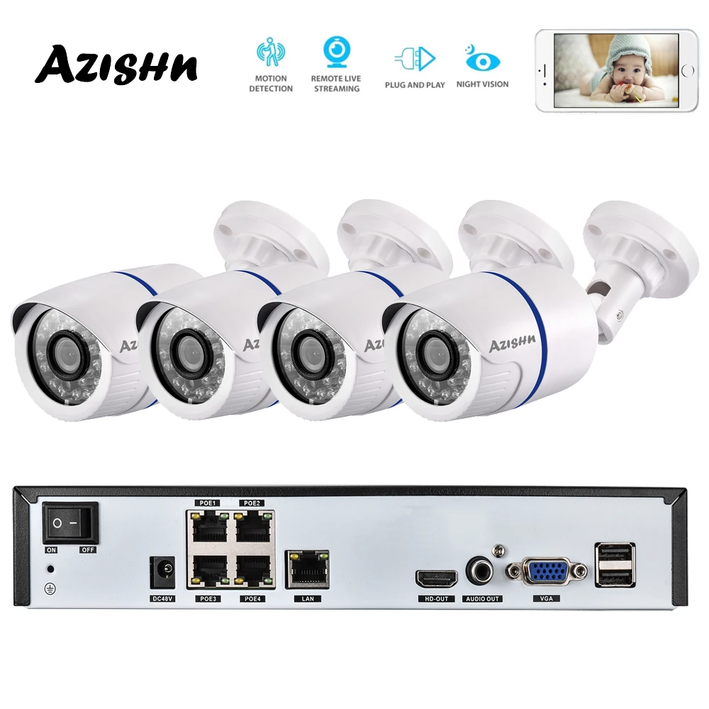 AZISHN 4CH H.265 + 1080P 48V POE 2MP NVR CCTV Камера Системы Открытый безопасности IP P2P