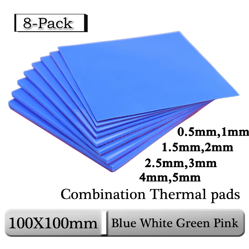 

8pcs Gdstime 100x100x0.5mm 1mm 1.5mm 2mm 2.5mm 3mm 4mm 5mm Blue White Green Combination Thermal Pads Cooling Conductive Silicone