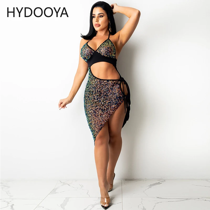 

Sexy Sheer Sparkly Glitter Sequins Party Dresses Women Halter Plunge V Neck Split See Through Bodycon Dress Clubwear Vestidos