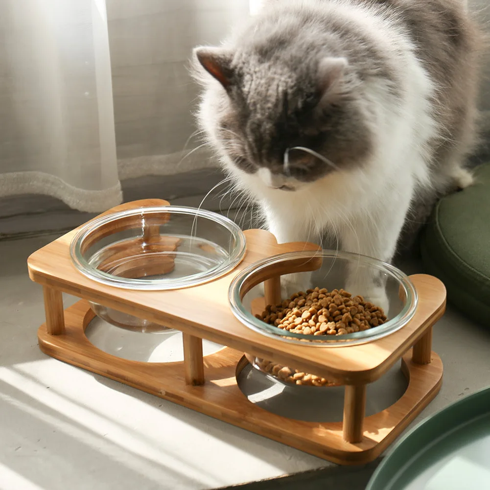 

Glass Pet Food Bowl Cat Elevated Raised Feeding Water Bowls with Wood Stand Neck Care for Puppy Kitten Food Water Dishes Feeder
