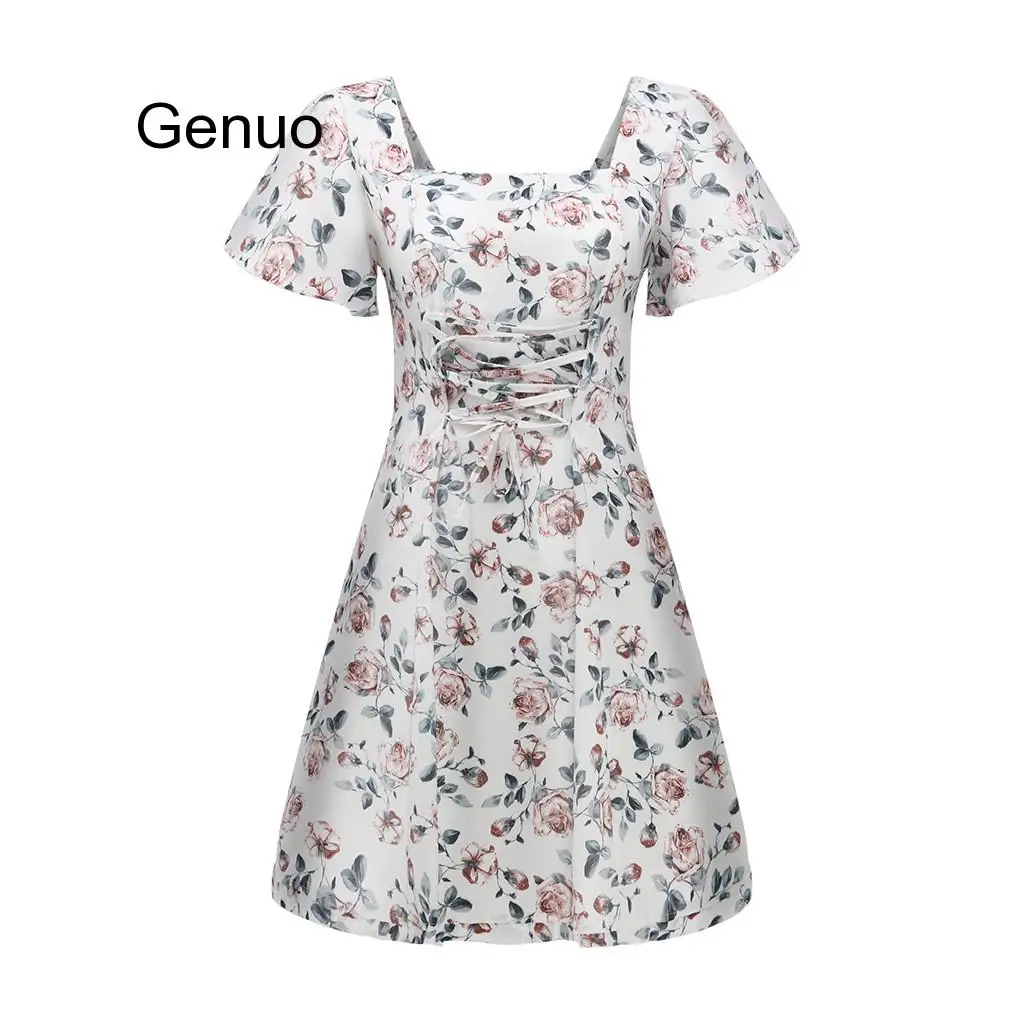 

Women's Ladies Floral Print Short Sleeve Bandage Zipper Mini Dress Summer Clothes For Women Vestido Mujer