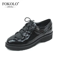 fokolo new spring and autumn casual shoes for women patent leather round toe lace up platform flats black classic lady shoes p6