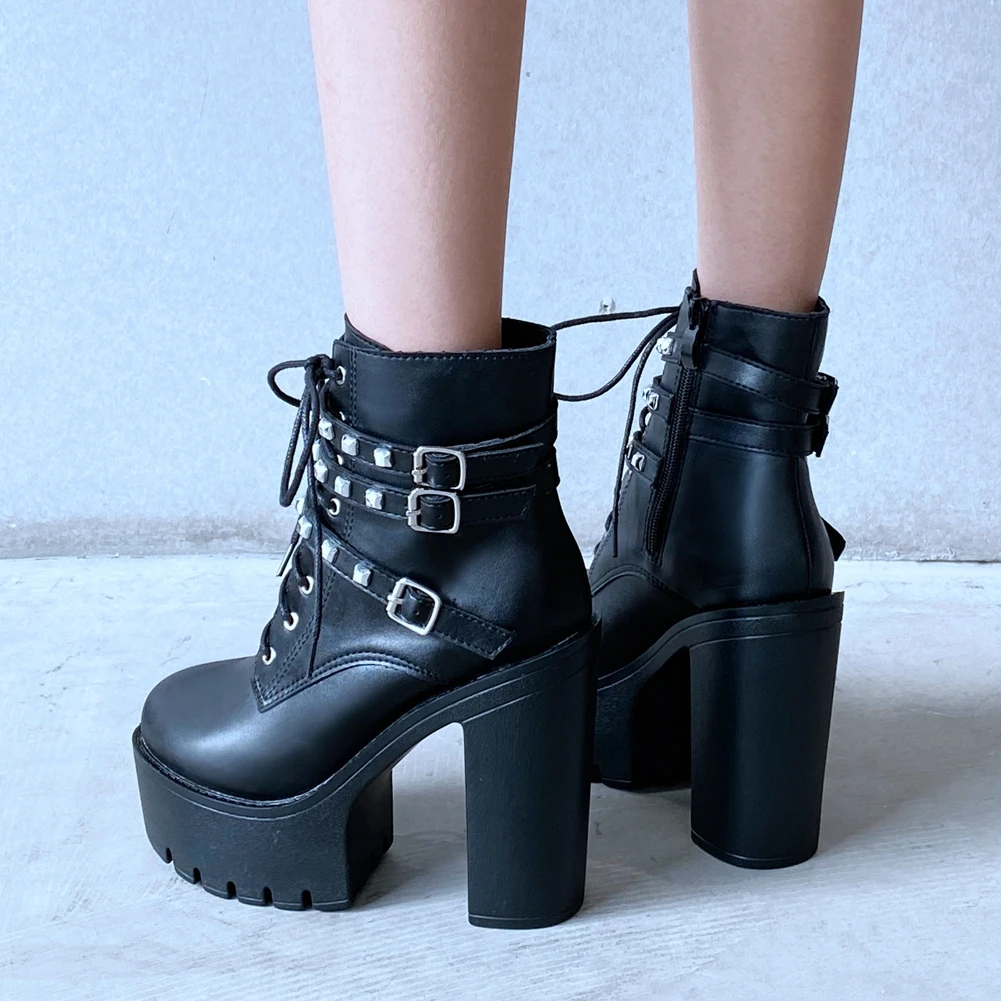 

BONJOMARISA New Arrival Ladies Boots Platform Zipper Lace Up Ankle Boots Women Buckle Strap Square High Heel Design Shoes Woman