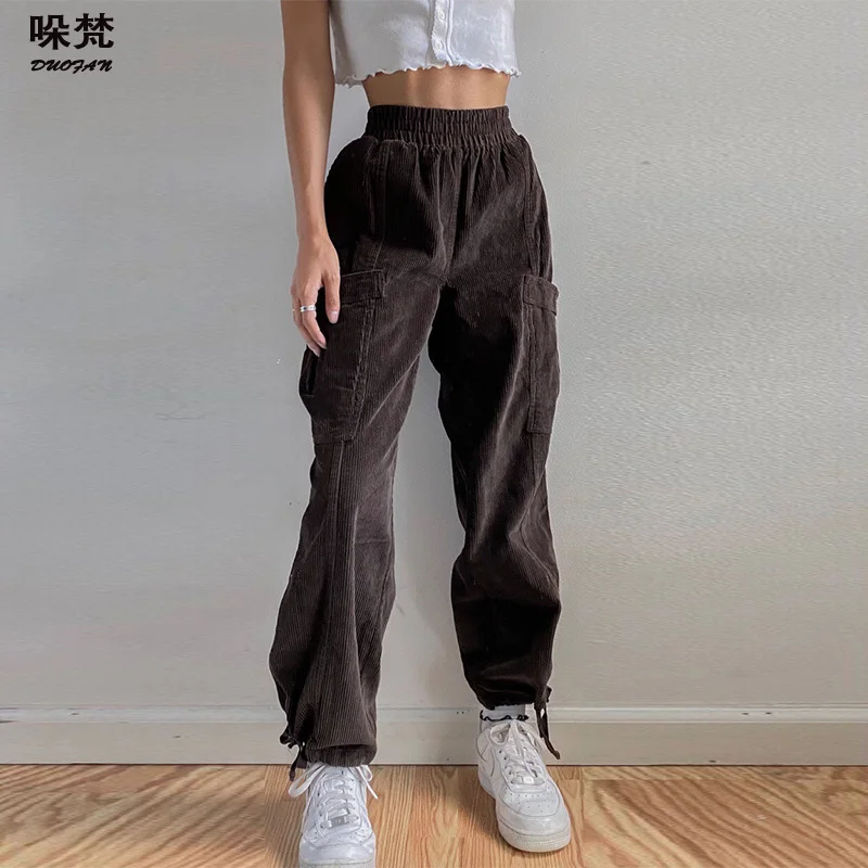 

DUOFAN Corduroy Y2K Baggy Pants Joggers Women Brown High Waist 90s Aesthetic Trousers Female Streetwear Vintage Sweatpants