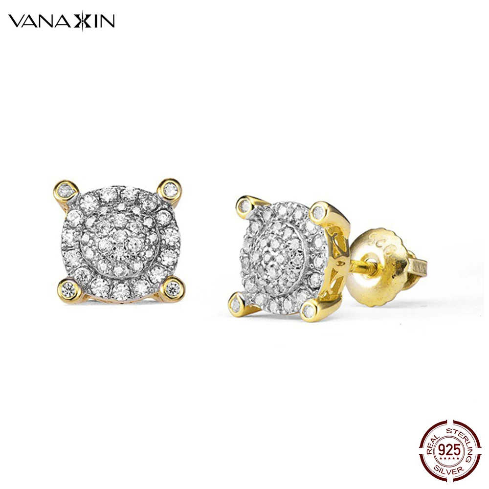 VANAXIN 925 Silver Stud Earrings For Women Compact Design Crystal CZ Zircon Earring Statement Party Fine Jewelry