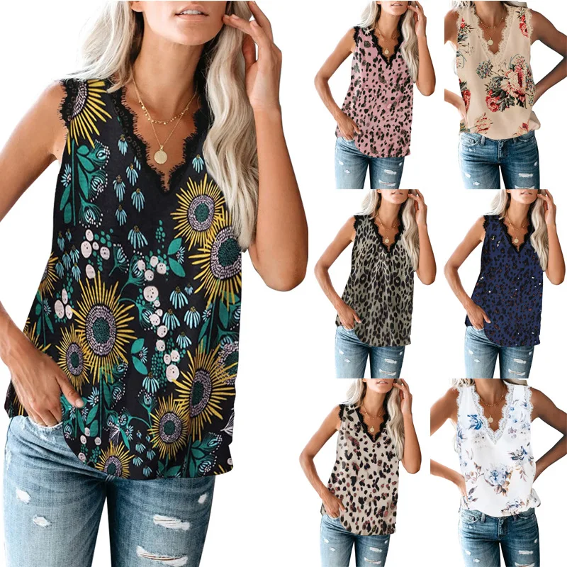 

Summer solid color V-neck lashes lace sleeveless printed blouse European and American base vest
