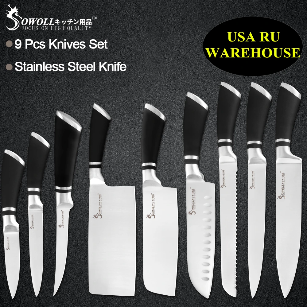 Sowoll – ensemble de 9 couteaux de cuisine  8 pouces  pour Chef  7 pouces  Santoku  6.5 pouces  6