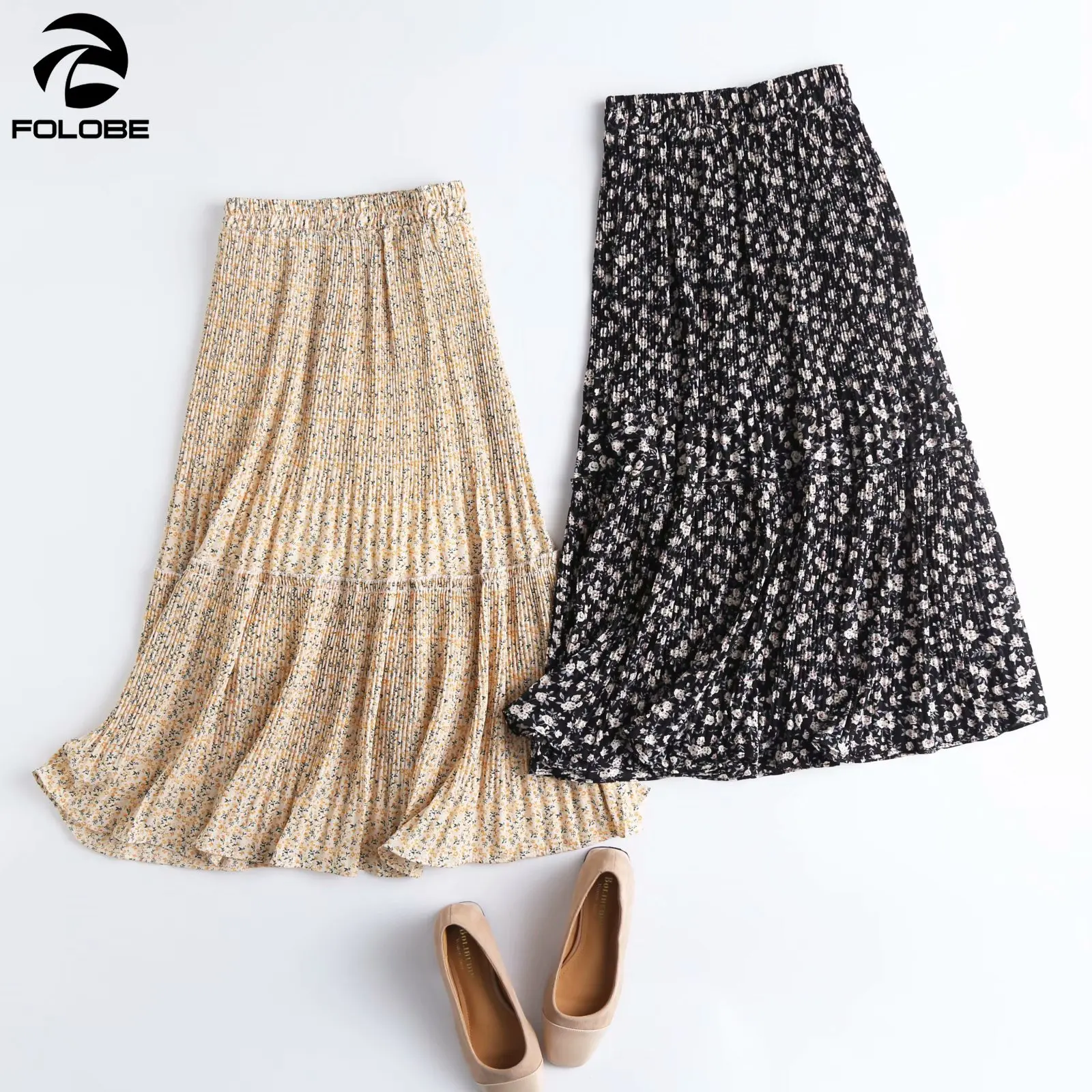 

FOLOBE 2021 Vintage Spring Summer Chic Shredded Flower Skirt Patchwork A Line Skirts Women Printed Mid-Calf Casual Skirt Lady