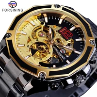forsining golden skeleton military black stainless steel military sport design automatic mechanical watch top brand luxury clock